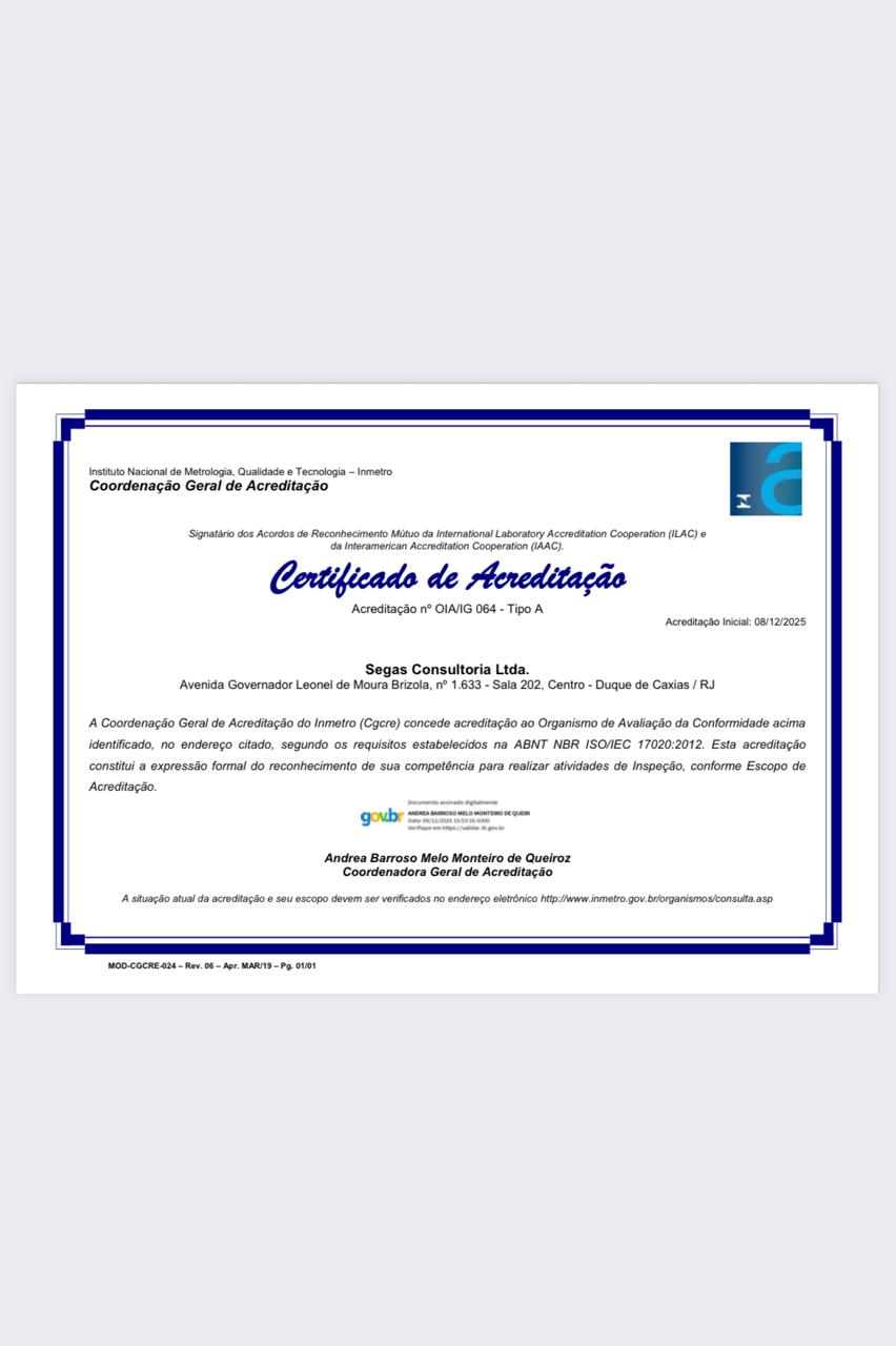 Certificado de Acreditação Inmetro nº OIA/IG 064 - Tipo A emitido para a SEGÁS Consultoria Ltda.