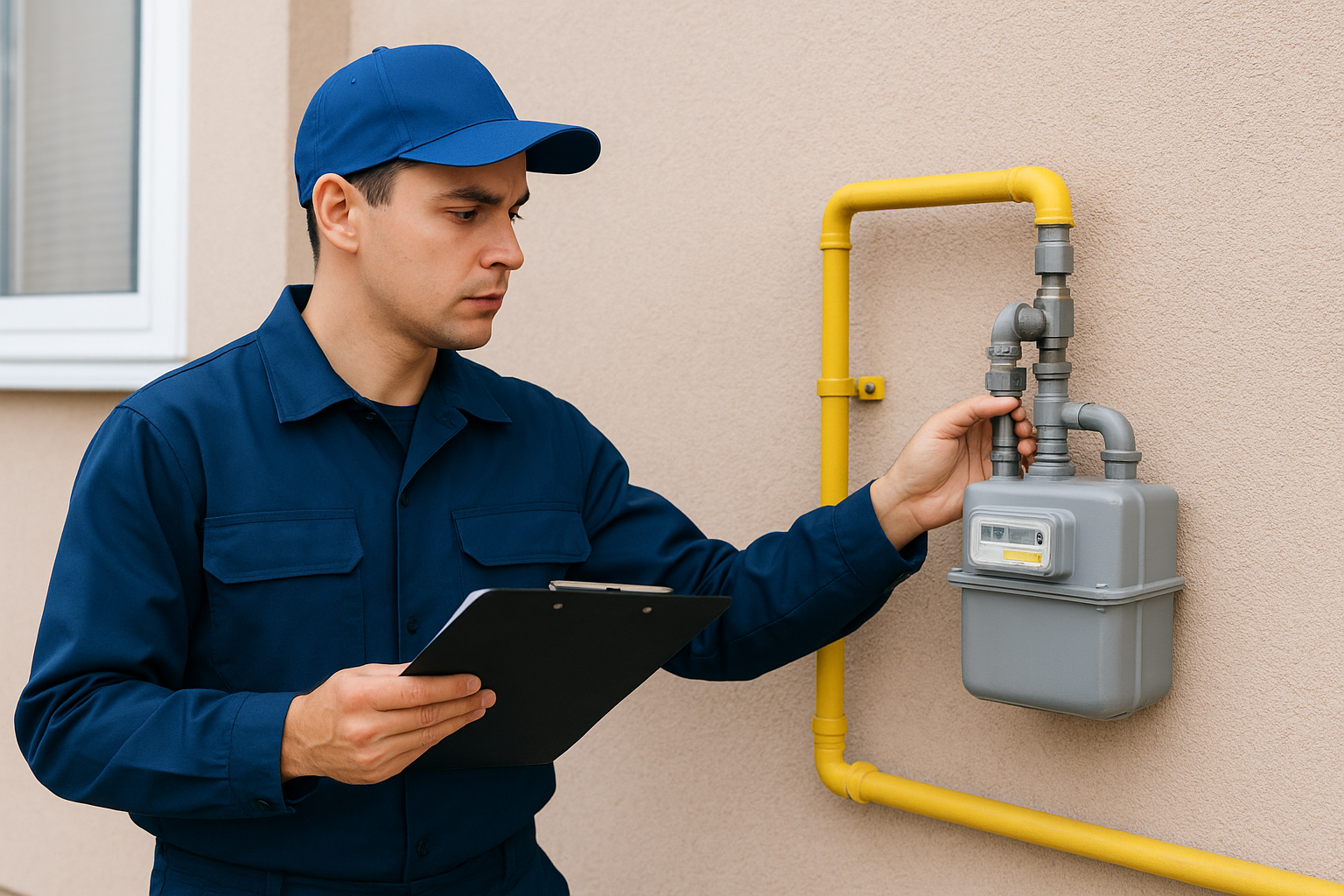 Técnico da SEGÁS inspecionando medidor de gás externo