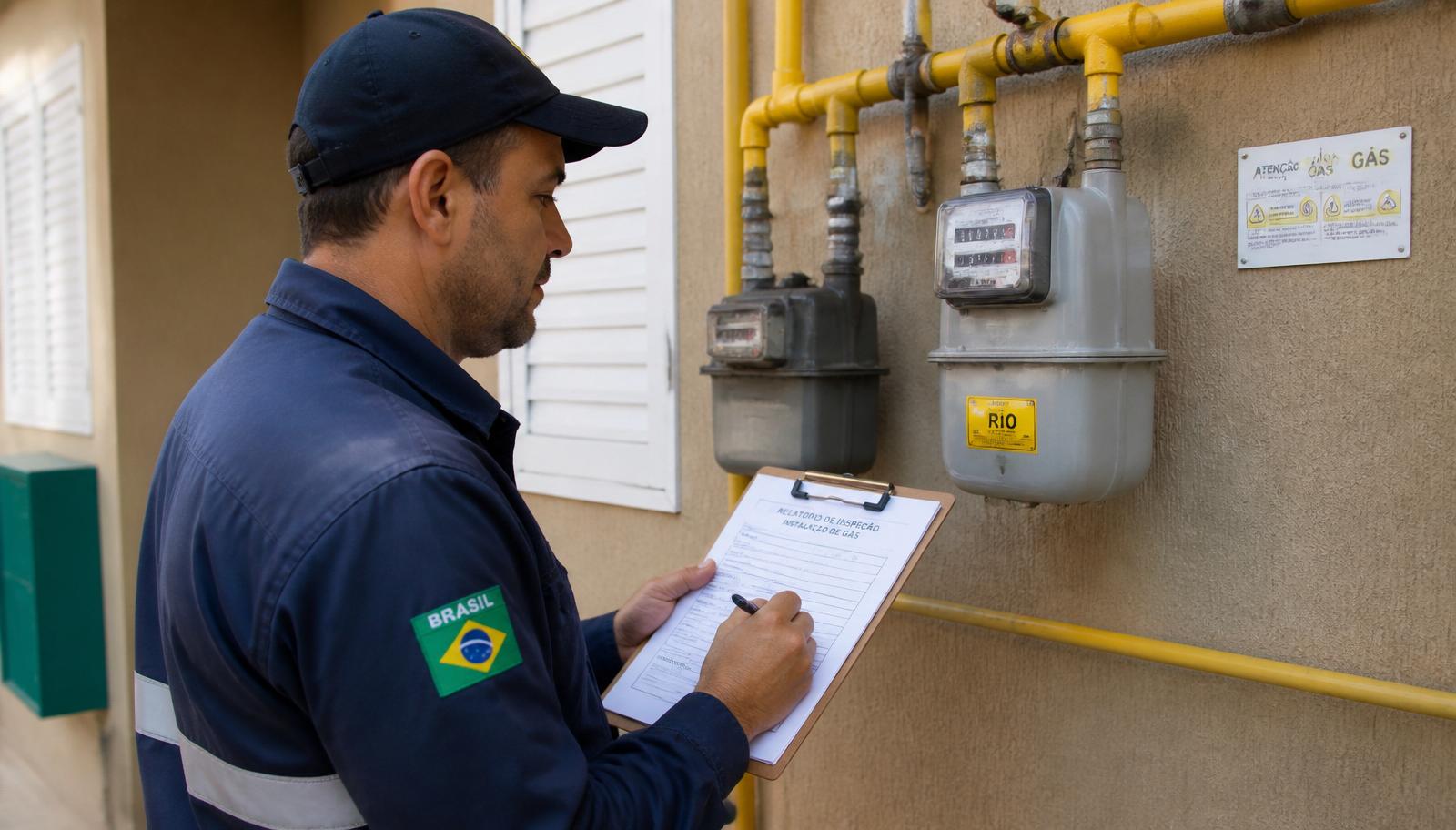 Técnico realizando vistoria de gás obrigatória conforme Lei 6.890/2014 no Rio de Janeiro