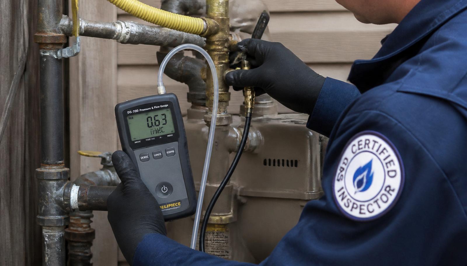 Técnico verificando itens da Inspeção Periódica de Gás com equipamento de medição